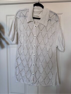 We The Free Cream Short-Sleeve Crochet Button Front Top/Cover Up